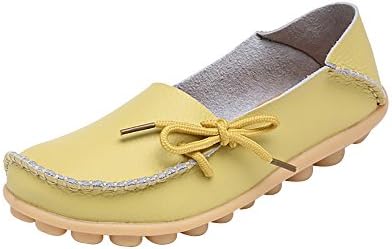 NIUERTE Women's Leather Lace Up Casual Moccasins Loafers Driving Shoes Light Yellow 5.5 UK