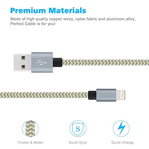 PeziMu iPhone Kabel Nylon, Geflochtenen USB Kabel für iPhone7 / 7plus / 6s / 6 plus, iPhone SE, iPhone 5s 5c 5, iPad, iPod – (1+2+3)M (Grau gold) - 3