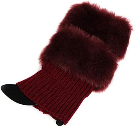 Hke Womens Winter Warm Crochet Knit Fur Trim Leg Warmers Cuffs Toppers Boot Socks (Deep Red)