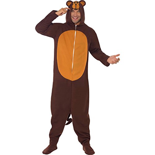 Smiffys Adult men's Monkey Costume, All in One with Hood, Party Animals, Serious Fun, Size L, 23633