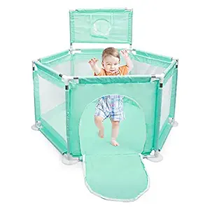 MonB b Baby Play Fence Safety Children Play Yards with Basketball Hoop Portable Baby Playpen Kids Activity Play Area Ocean Ball Pool for Toddlers