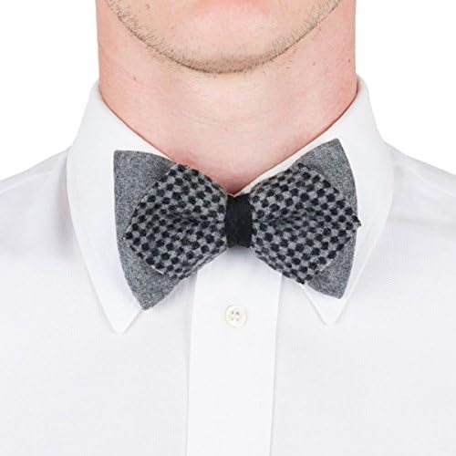 Bow tie Pre-noted for Men, Boy and Guy in Black and Grey Check, Squared Boiled Wool, Adjustable size with Hook, One size