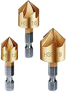 Sirius&Co 3Pcs 1/4'' Hex 5 Flute 90 Degree 12 16 19mm Countersink Drill Bit for Wood Metal Quick Change Set (Gold,Titanium-plated carbon steel)