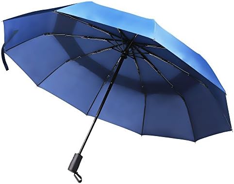 Qkfly Auto Folding Umbrella Blue Fiberglass Umbrella Best Compact Travel Auto Open &amp; Close Folding Ultra Comfort Handle for Men and Women