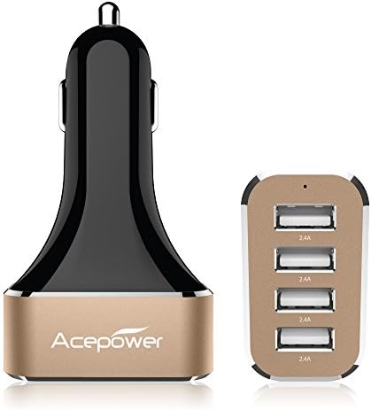 [Most Powerful Car Charger Ever] ACEPower® Intelligent 9.6A / 48W 4-Port USB Car Charger with SmartPower Technology for Phone 6 6plus 5 5S 5C 4 4S, iPad Air 2, Samsung Galaxy S6 / S6 Edge, Nexus, HTC M9, Motorola, Nokia and More (Black Gold)