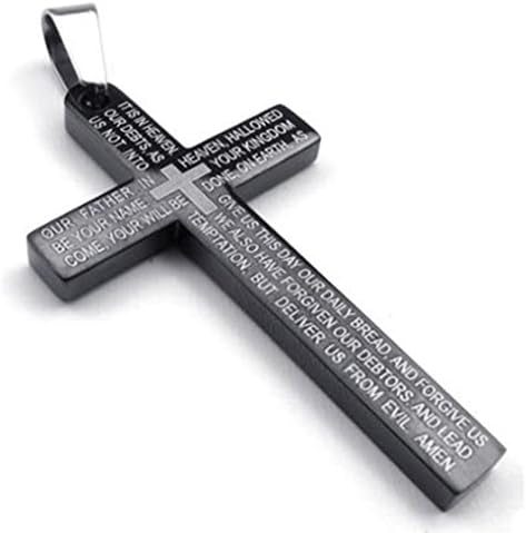 Sierra Stainless Steel Mens Black Lord's Prayer Cross English Bible Pendant Necklace, 21.5 inch Rolo Chain
