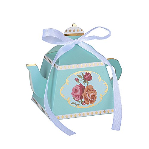 50 Stk Mini Pappe Teekanne Gastgeschenk Box inkl. Seidenbänder Geschenkbox für Hochzeit, Taufe usw. Pralinenschachtel süßigkeiten Bonboniere (Hellgrün)