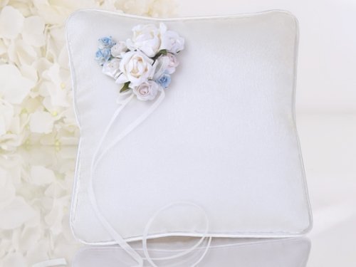 Ringkissen Röschen 16x16cm weiß hellblau Rosen Satinbänder Rose EDEL Satin Hochzeitskissen Ring Kissen ring bearer pillow Hochzeit PKWM5