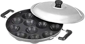 HOMEST Aluminium Non Stick 12 Cavity Appam Patra (Paniyarrakal/Paniyaram/Appam Pan/Pan Cake Maker) (12 Cavity APPAM Side Handle Steel LID)