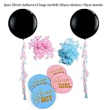 El kit incluye: 2 globos negros grandes de 36 pulgadas, 5 borlas rosas, 5 borlas azules x 5 confeti rosa x 1 paquete, confeti azul, 1 paquete de pegatinas, 12 pegatinas azules, 12 pegatinas azules.