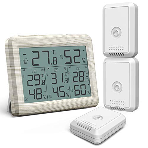 ORIA Termómetro Higrómetro Interior Exterior, Digital Medidor de Humedad y Temperatura con 3 Sensores Remotos, Estación Meteorológica Inalámbrica de Retroiluminación, Tendencia Máxima/Mínima(Blanco)