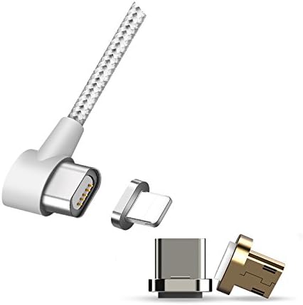 Magnetic Charge Wire for Samsung &amp; Iphone Apple USB Charging Adaptor for Smart Phones and Tablets (Right Angle, Silver - &amp; Micro USB Fast Charge Connector)