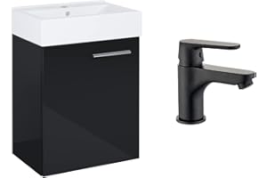 ‎VBCHOME VBChome Badmöbel Set 45 cm Weiß Waschbecken mit Hängeschrank und Armatur Schwarz Waschtisch 1-Türen Soft-Close Waschtischarmatur Modern Elegant