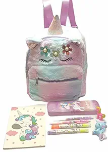 Tera13 Feather Unicorn Stylish Cute Soft Plush Backpack Bag for Girls Kids for School, Picnic Trips, Return Gift Material: Fur, Multicolor (Unicorn Fur Flower on it Combo Pack of 9 Items)