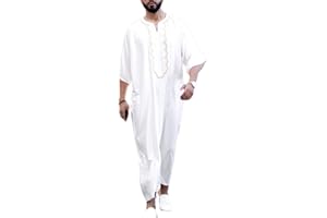 Darabun Herren Muslimische Kleider Kaftan - Mittlerer Osten Saudi-arabische Roben Türkisch Kleider Thobe Männer Gebetskleidung Drucken Taschen Kleider, Weiß, XL