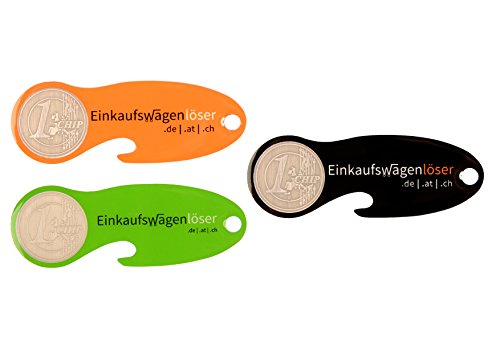 Einkaufswagenchip Edelstahl /3x1 Stück orange, grün, schwarz mit 12 Monaten Schlüsselschutz