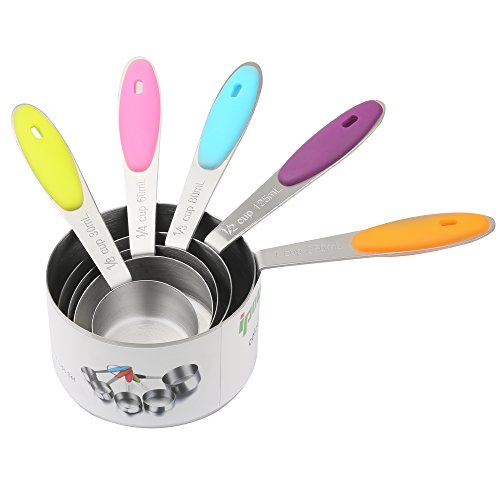 IPOW 5er Set Edelstahl Amerikanischer Messbecher Messlöffel mit dem Silikon Griff für Küche Kochen Backen etc. - 3