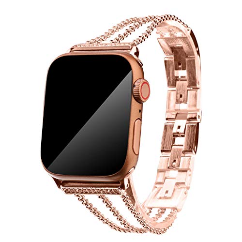 Preisvergleich Produktbild Mumuj Edelstahl Kette Stil Armband, Edelstahlarm Metall UhrBand Edelstahlgitter Verstellbarer Frauen Ersatzband Band Armreif für Apple Watch 4 / 3 / 2 / 1 38 / 40mm (Roségold)
