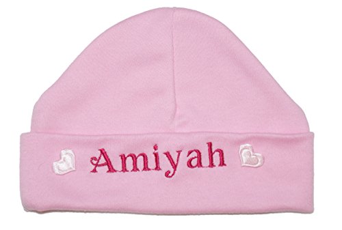 Little Hearts Baby Hat 100% Super Soft Double Layered Cotton Personalised & Embroidered with the name of your choice. (0-3 Months, Baby Pink & Pink Hearts)