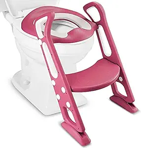 Child Potty Seat for Toilet Training Foldable Chair Step Ladder with Safe Handrails, Non-Slip Stand (Chinese Red)