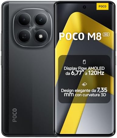 XIAOMI POCO M8 5G, Smartphone 8+512GB, Display AMOLED FIoW 6,77" 120Hz, Snapdragon® 6 Gen 3, Doppia fotocamera AI 50MP, Design curvo 3D da 7,35 mm, Nero, Garanzia 2 anni, Caricatore non incluso