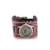 iLove EU 2pcs Set Herren Armbanduhr Retro Breit Leder Echtleder Armband Armreif Gürtel Schnalle Analog Quarz Uhr Farbe: Rot, Schwarz