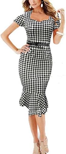 SunIfSnow Women Fashion Vintage Polka Dot Houndstooth Slim Business Sheath Mermaid Dress XL