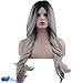 Eseewigs Synthetic Long Wave Ombre Wig Two Tones Black Rooted Grey Heat Resistant Cheap Middle Part Wig 130% High Density for Women