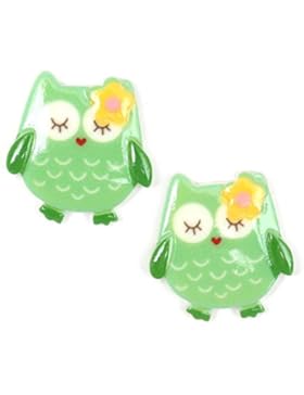 Idin Ohrclips - Grüne Eulen mit gelben Blumen (ca. 20 x 20 mm)