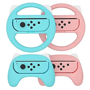 LEYUS Grip Kit for Nintendo Switch Joy-Con Controllers, Steering Wheel & Handle Grip 4 Pack, Specially for Kids Racing Game Mario Kart 8 Deluxe (Red&Blue)
