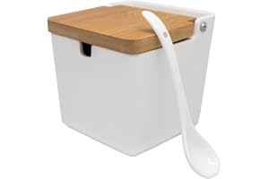 NERTHUS FIH 1335 Salero de Porcelana Extragrande Cuadrado con Tapa de Madera y Cuchara, Elegancia y Funcionalidad en la Cocina