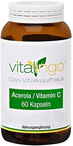 Acerola Vitamin C Capsules by Vitalingo – Acerola & Vitmain C Glass Bottle Contains 60 Capsules of 470mg Ingredients per capsule: 370mg Acerola Powder Bonded 17% Natural Vitamin C (125,8mg = 157% RDA)