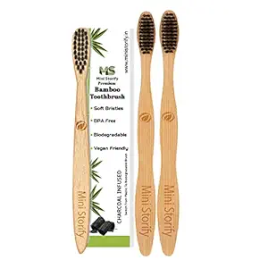 Mini Storify 1 Kids and 2 Adults Bamboo Toothbrush with Activated Charcoal and Biodegradable Handle Natural, Soft Bristles, Eco-Friendly, BPA Free, Compostable Wooden Tooth Brushes (Pack of 3)