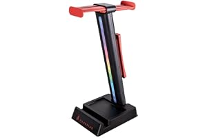 SureFire Vinson N1 headsetstativ svart, utdragbar hållare för 2 spelhörlurar, headset stativ med RGB-belysning, 28 cm hållare stående eller fäst vid bordet, speltillbehör