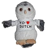 Búho Shopzeus Búho de peluche con Amo Butch en la camiseta (nombre de pila/apellido/apodo)