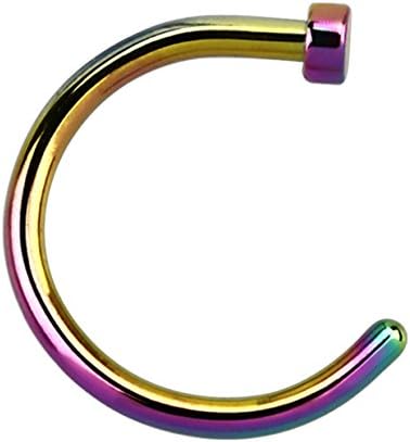 Nose Ring. Rainbow Coloured Surgical Steel Open Half Ring With DISC Stopper. For Nose or Ears. Choose your size. h146 (10mm)
