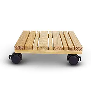 Sharpex Wooden Plant Stand | Beige Planter Trolley Rolling Tray Coaster | Trolley Heavy Duty Wheels Square Flower Pot Trolley | 4 Moving Wheels Plant Square Trolley- (Set of 1)