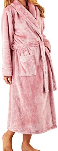 Slenderella Ladies 48" or 122cm Long Luxury Pink 380GSM Super Thick Soft Plain Fleece Shawl Collared with Belt Bath Robe Dressing Gown House Coat Large