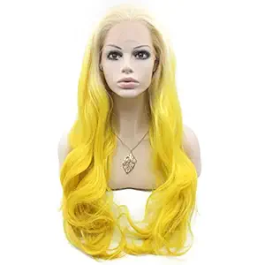 Mxangel Long Wavy Synthetic Lace Front Blond Yellow Ombre Wig Half Hand Tied Ombre Cosplay Yellow Wig