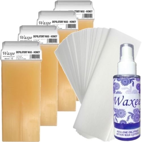 4 x Roll on roller wax cartridge + Strips+ After wax oil, waxing pack (Honey- Classic line)