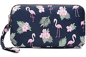 CAPRILITE Fun PVC Canvas Wallet Purse Pouch Triple Zip w/Wrist Strap Wristlet Clutch Bag Xmas Bday Gift (Pink Flamingo)