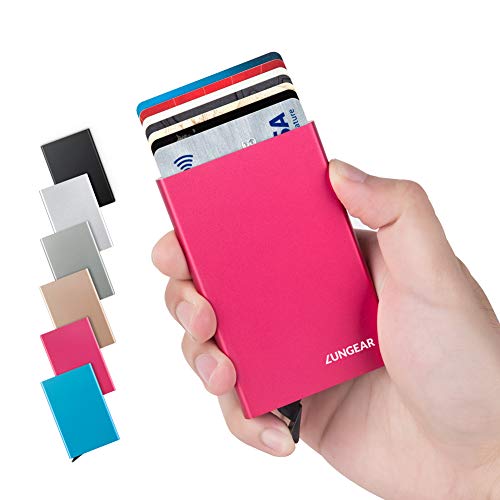 Preisvergleich Produktbild LunGear Kreditkartenetui mit RFID Blocking Schutz Slim Aluminium Kreditkartenhalter Mini Metall Geldbörse hält 7 Karten für Damen und Herren(Rot)