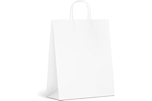 Inoverse 50 Sacs en Papier Kraft avec Poignées – 32 x 12 x 41 cm – Blanc Sacs Cadeaux Recyclables, Pour Shopping, Emballage Cadeau, DIY, Calendrier de l’Avent