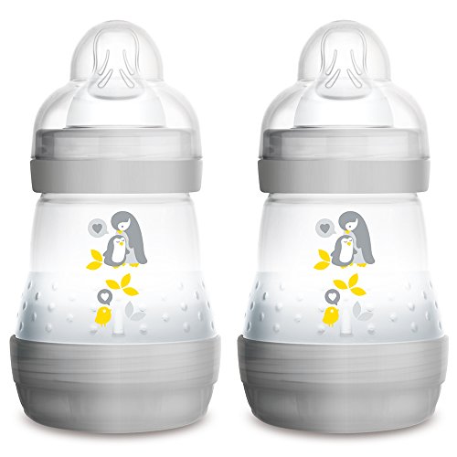 MAM Easy Start Self Sterilising Anti-Colic Bottle, Pack of 2 (2 x 160 ml), Bottles with Slow Flow MAM Teats, Newborn Essentials, Grey (Designs May Vary)