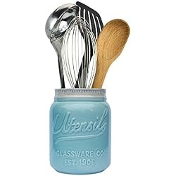 Comfify Pot Mason Grande Ouverture Support à Ustensile Cruche Organisatrice Décorative d'Équipement de Cuisine, Adapté Lave-Vaisselle - Bleu Turquoise, Grande Taille Haut de 7"