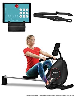 Sportstech Rameur ergomètre RSX400 compatible avec application smartphone, ceinture cardio, pliable et pratique, 8 niveaux de résistance, siège avec roulements à billes, rail en aluminium