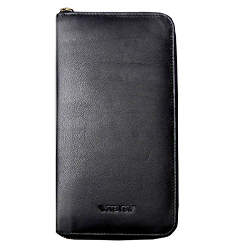 ABYS Genuine Leather RFID Protected Black Unisex Passport Wallet||Passport Holder||Mobile Cover||Card Stock with Metallic Zip Closure