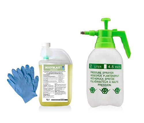 Rootblast 360 Super Concentrate Glyphosate Home Garden Weedkiller 1L bottle with integral measuring device Pair of gloves 2 L Pump Sprayer 1L makes up to 50L