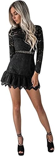 Sunday Women Dress Lace Long Sleeve Party Cocktail Mini Dress Above Knee Casual Daily Solid Turtleneck Dress For Women (L, Black)