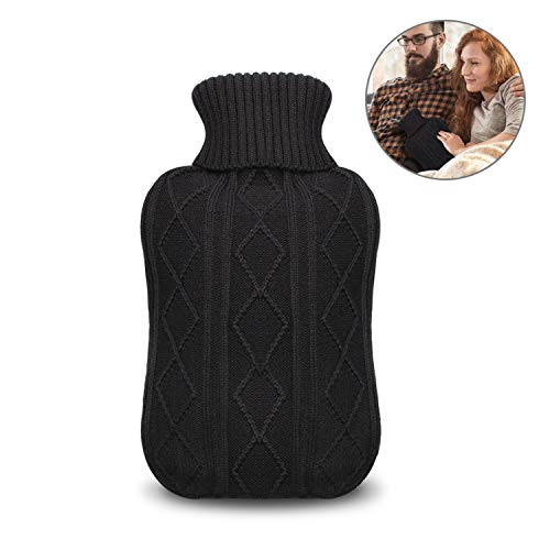 Bouillotte, unibelin Bouteille d'eau Chaude avec Housse tricotée Amovible et Lavable Ultra doux Bouillotte Eau Chaude idéal pour Soulager la Douleur Rapide et le Confort - Noir